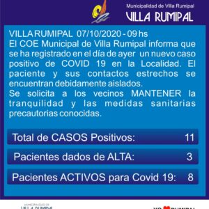 Informe Covid 19 en VILLA RUMIPAL 07/10/20 – 09 HS